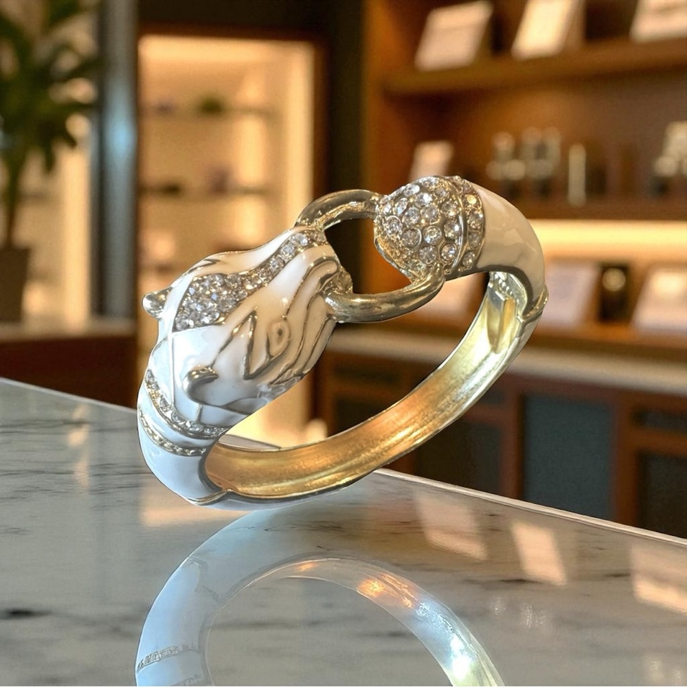 White Enamel Jaguar Clamper Bracelet - Picture 2 of 15